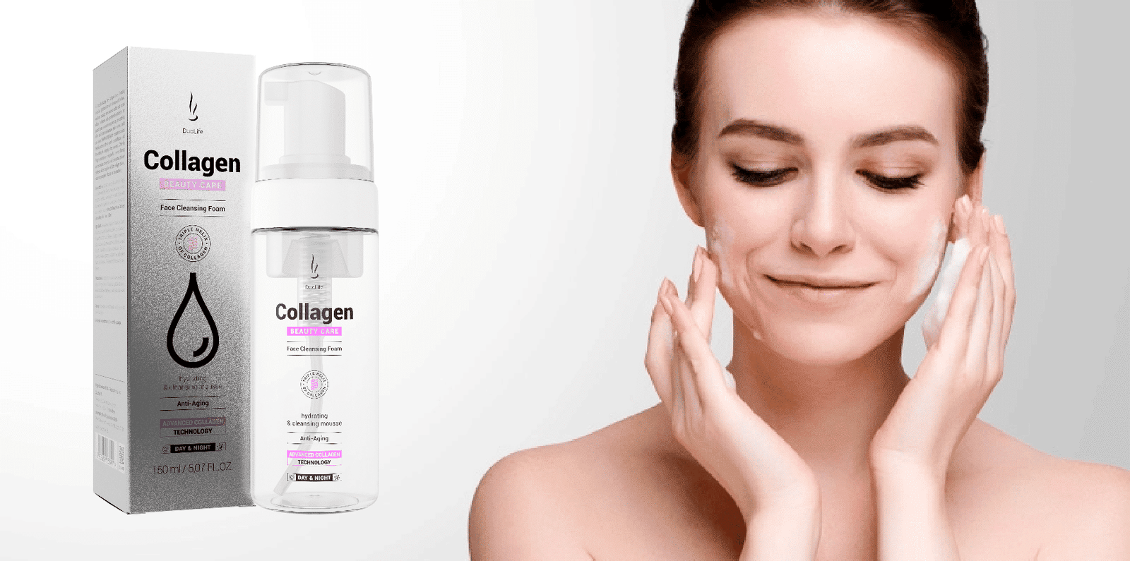 photo visage d'une femme avec le produit DuoLife Beauty Care Collagen Face Cleansing Foam